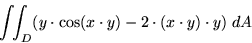 \begin{displaymath}\int\!\!\int_D (y\cdot \cos(x \cdot y) - 2\cdot (x \cdot y)\cdot y) \; dA \end{displaymath}