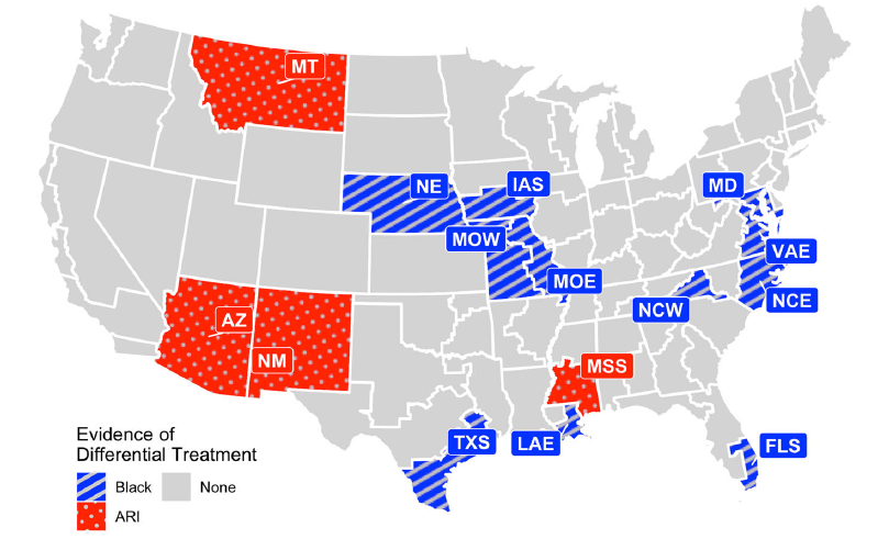 Map of evidence of race-based criminal sentencing bias (differential treatment) in federal judicial districts.